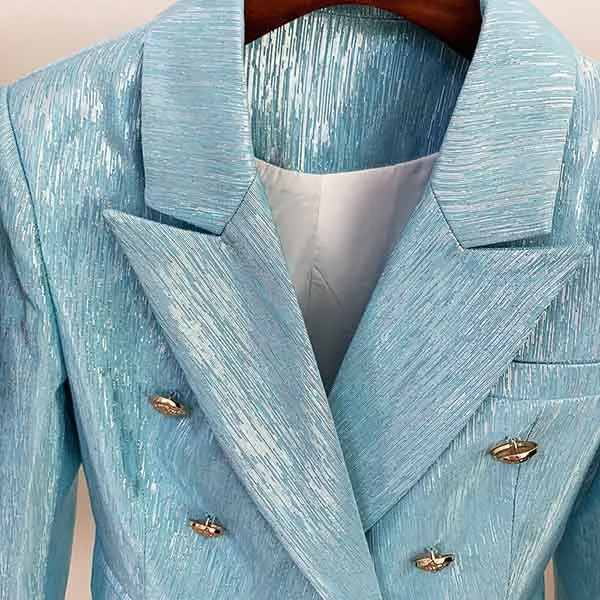Women's Metal Lion Buttons Blue Fitted Blazer Coat