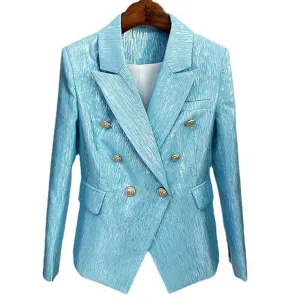 Women's Metal Lion Buttons Blue Fitted Blazer Coat