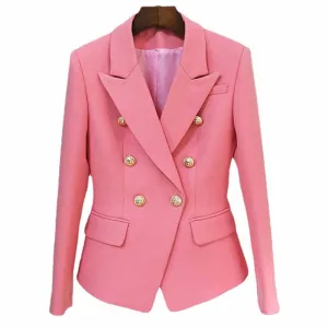 Women's Pink Coat Golden Lion Buttons Fitted Blazer Jacket