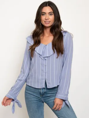 WOMEN'S RUFFLE BUTTON UP LONG SLEEVE TOP