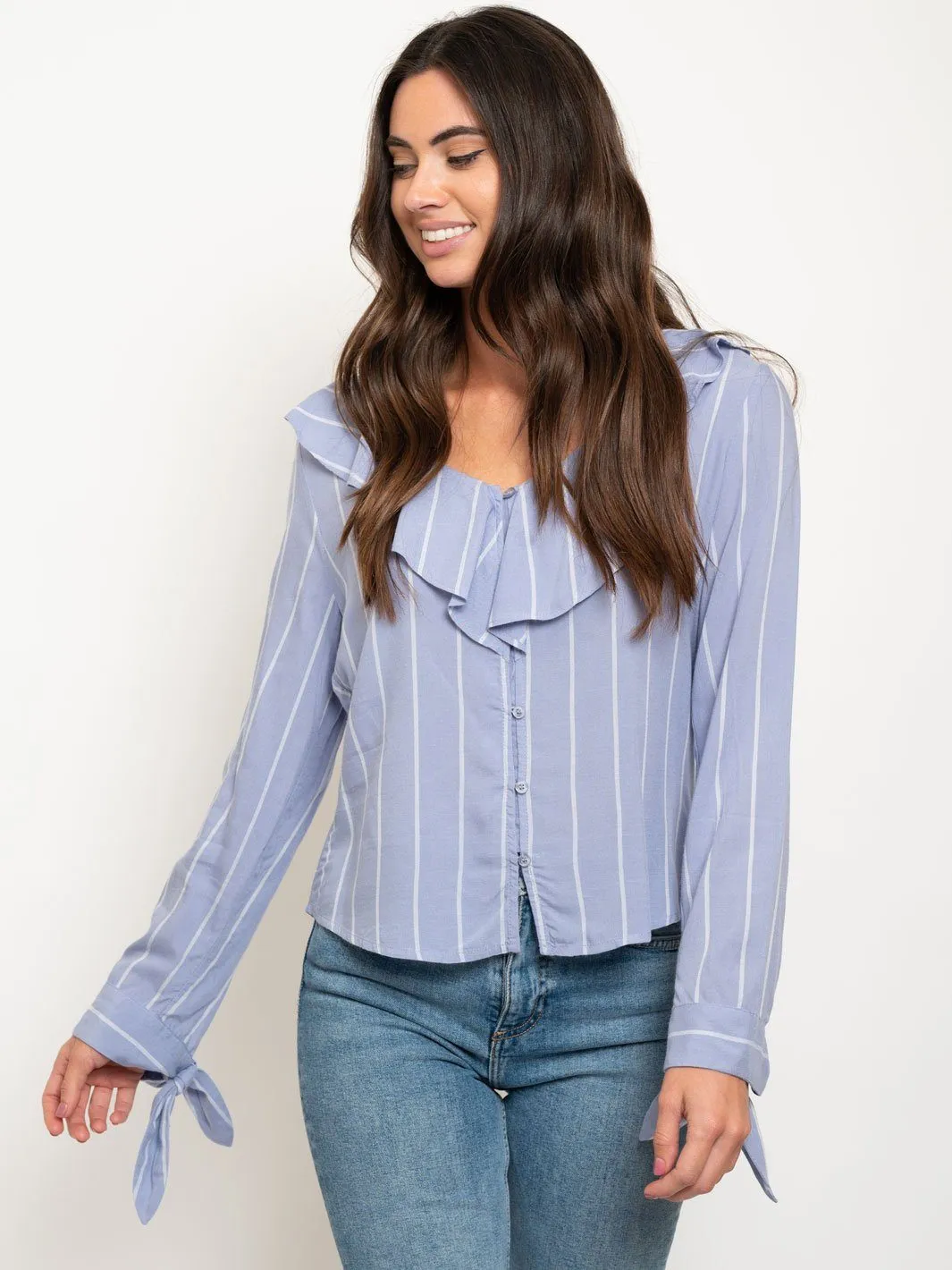 WOMEN'S RUFFLE BUTTON UP LONG SLEEVE TOP