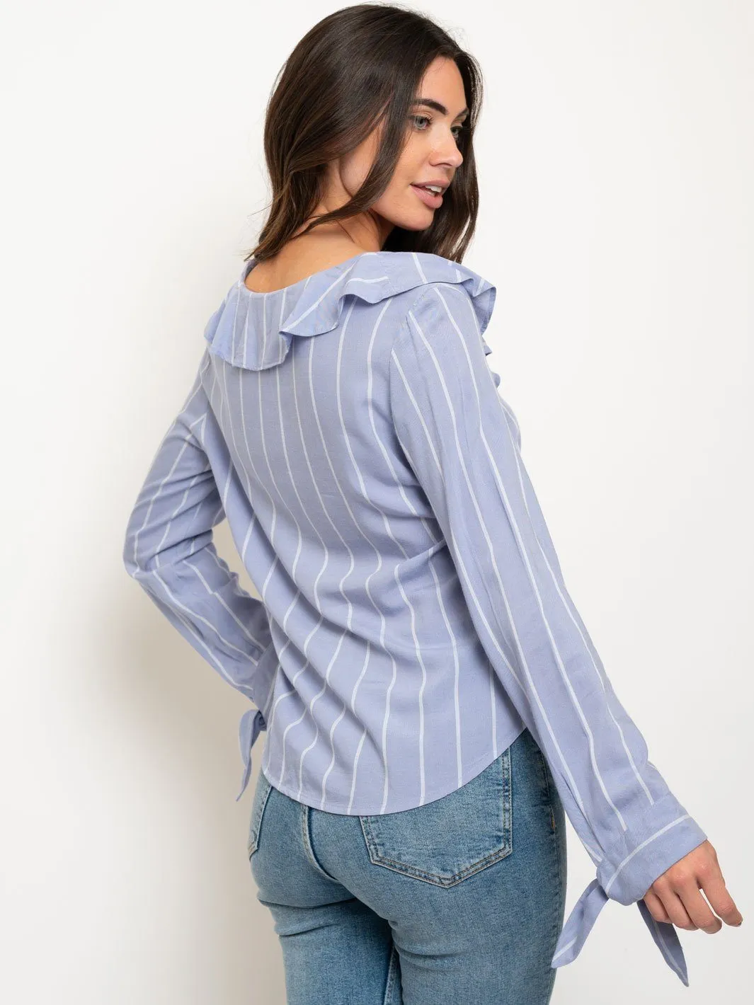 WOMEN'S RUFFLE BUTTON UP LONG SLEEVE TOP