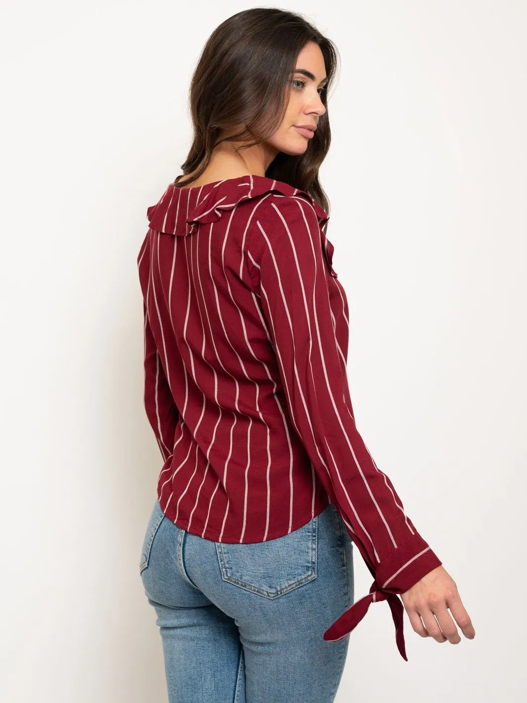 WOMEN'S RUFFLE BUTTON UP LONG SLEEVE TOP