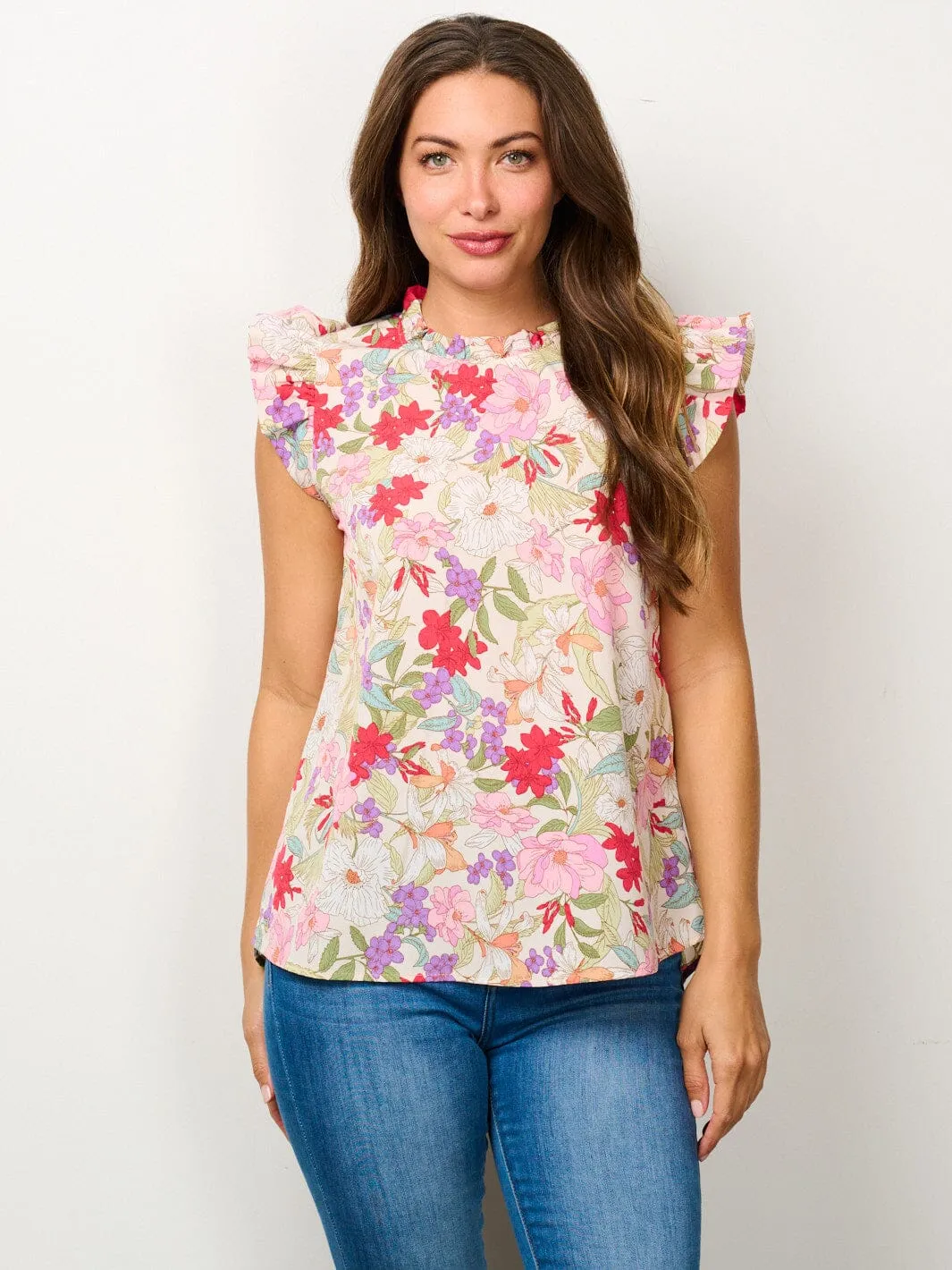 WOMEN'S RUFFLE SLEEVE MOCK NECK FLORAL BLOUSE TOP