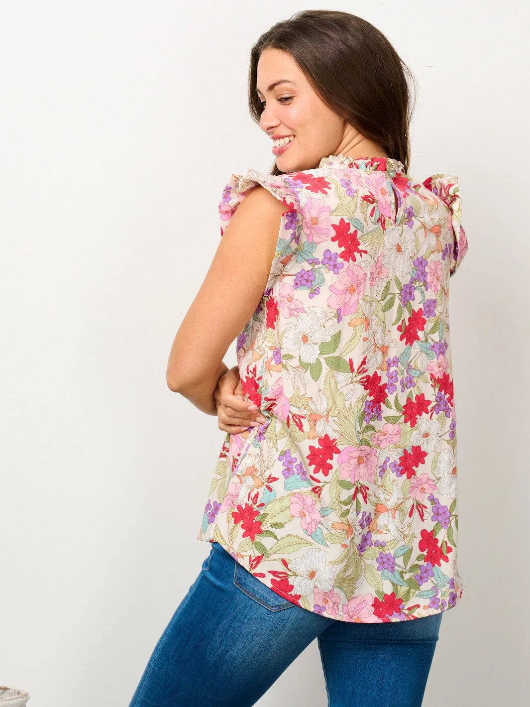 WOMEN'S RUFFLE SLEEVE MOCK NECK FLORAL BLOUSE TOP