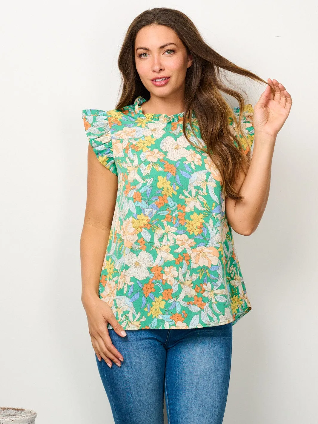 WOMEN'S RUFFLE SLEEVE MOCK NECK FLORAL BLOUSE TOP