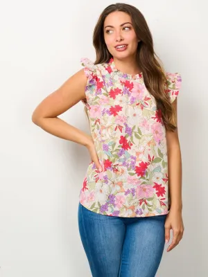 WOMEN'S RUFFLE SLEEVE MOCK NECK FLORAL BLOUSE TOP