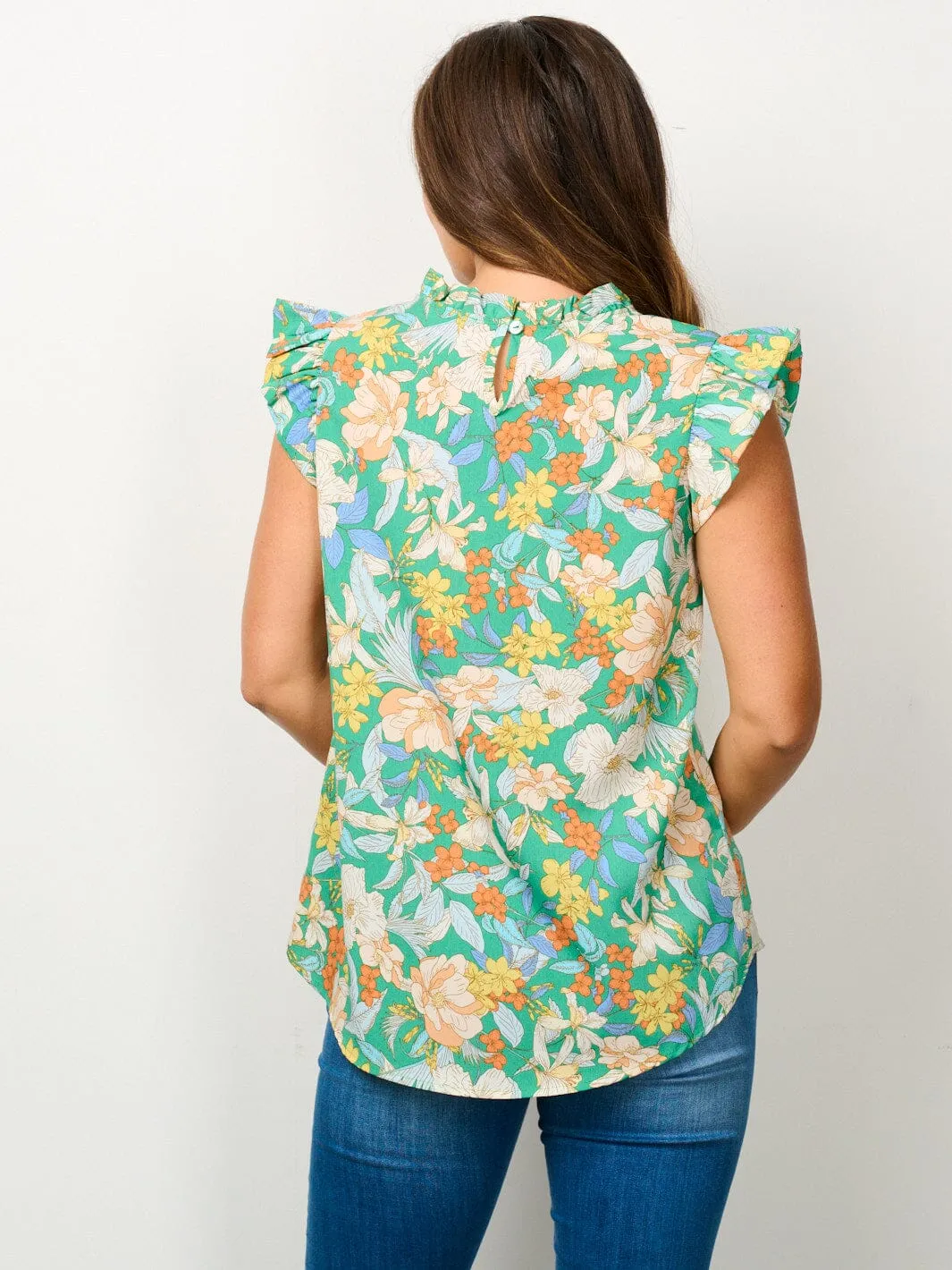 WOMEN'S RUFFLE SLEEVE MOCK NECK FLORAL BLOUSE TOP