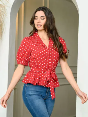 WOMEN'S SHORT PUFF SLEEVE BUTTON UP SELF TIE POLKA DOTS TOP