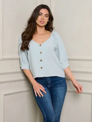 WOMEN'S SHORT PUFF SLEEVE V-NECK BUTTON UP TOP