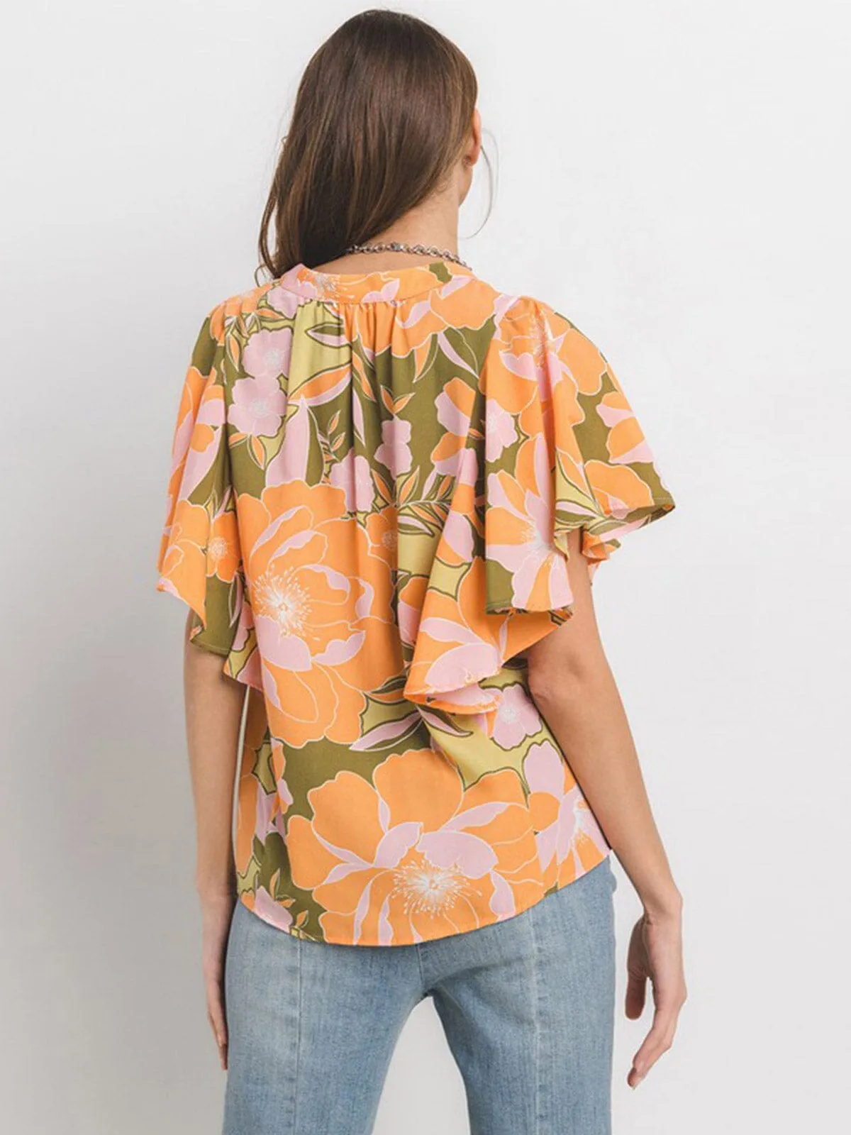 WOMEN'S SHORT RUFFLE SLEEVE BUTTON CLOSURE FLORAL PRINT TUNIC BLOUSE