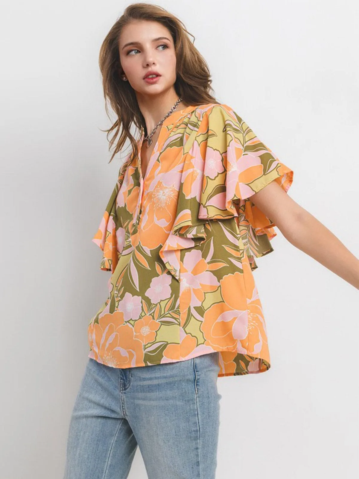 WOMEN'S SHORT RUFFLE SLEEVE BUTTON CLOSURE FLORAL PRINT TUNIC BLOUSE