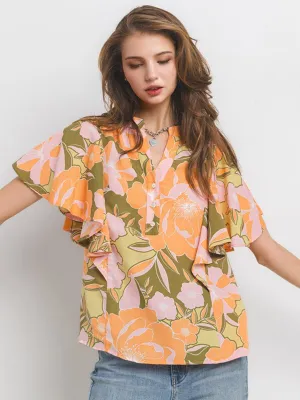 WOMEN'S SHORT RUFFLE SLEEVE BUTTON CLOSURE FLORAL PRINT TUNIC BLOUSE
