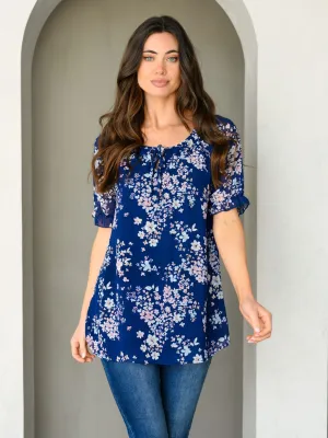 WOMEN'S SHORT RUFFLE SLEEVE FLORAL SWISS TOP