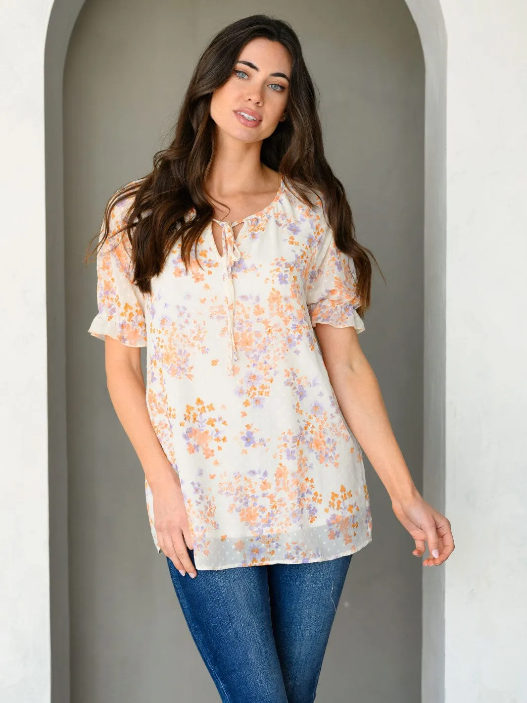 WOMEN'S SHORT RUFFLE SLEEVE FLORAL SWISS TOP