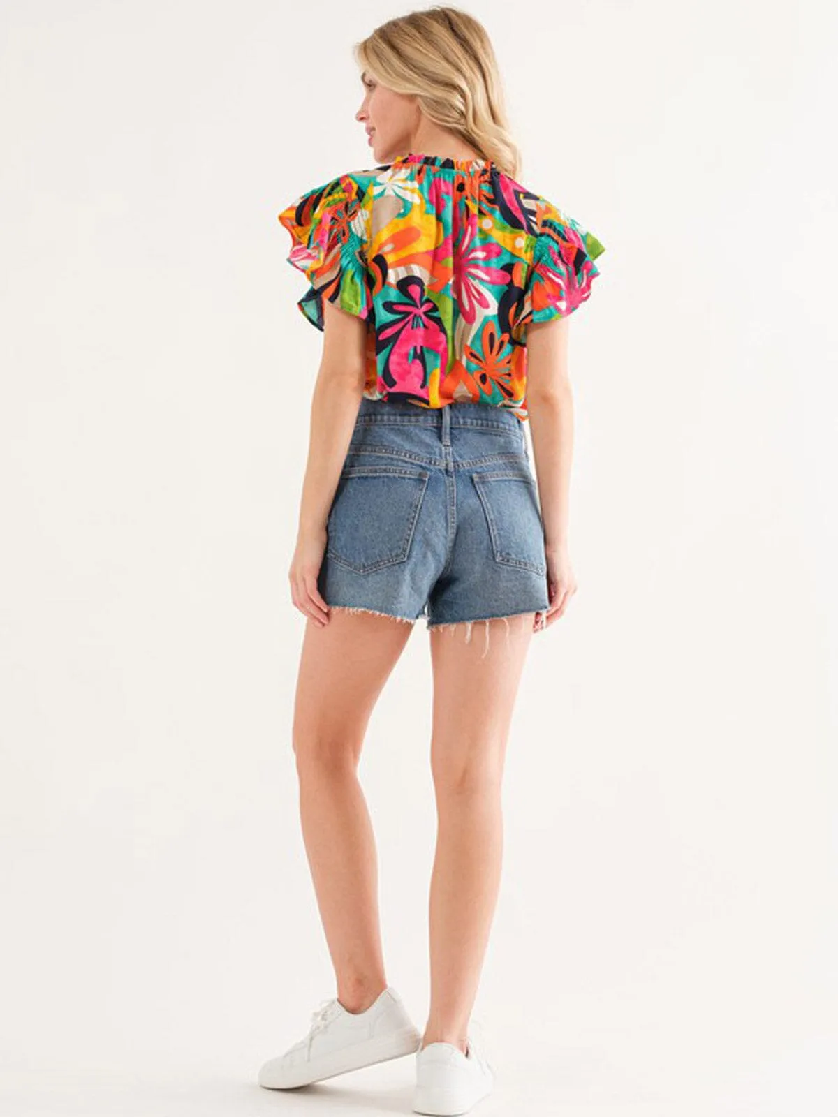 WOMEN'S SHORT RUFFLE SLEEVE MOCK NECK FLORAL BLOUSE TOP