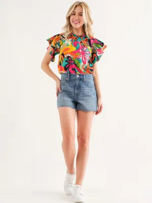 WOMEN'S SHORT RUFFLE SLEEVE MOCK NECK FLORAL BLOUSE TOP