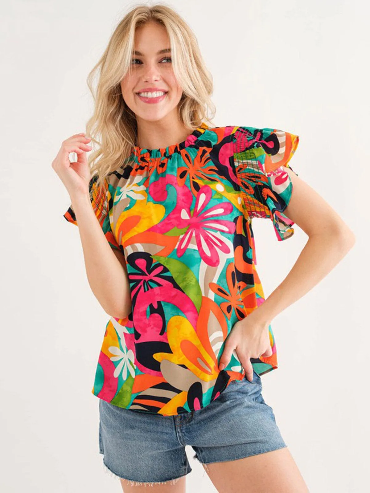 WOMEN'S SHORT RUFFLE SLEEVE MOCK NECK FLORAL BLOUSE TOP
