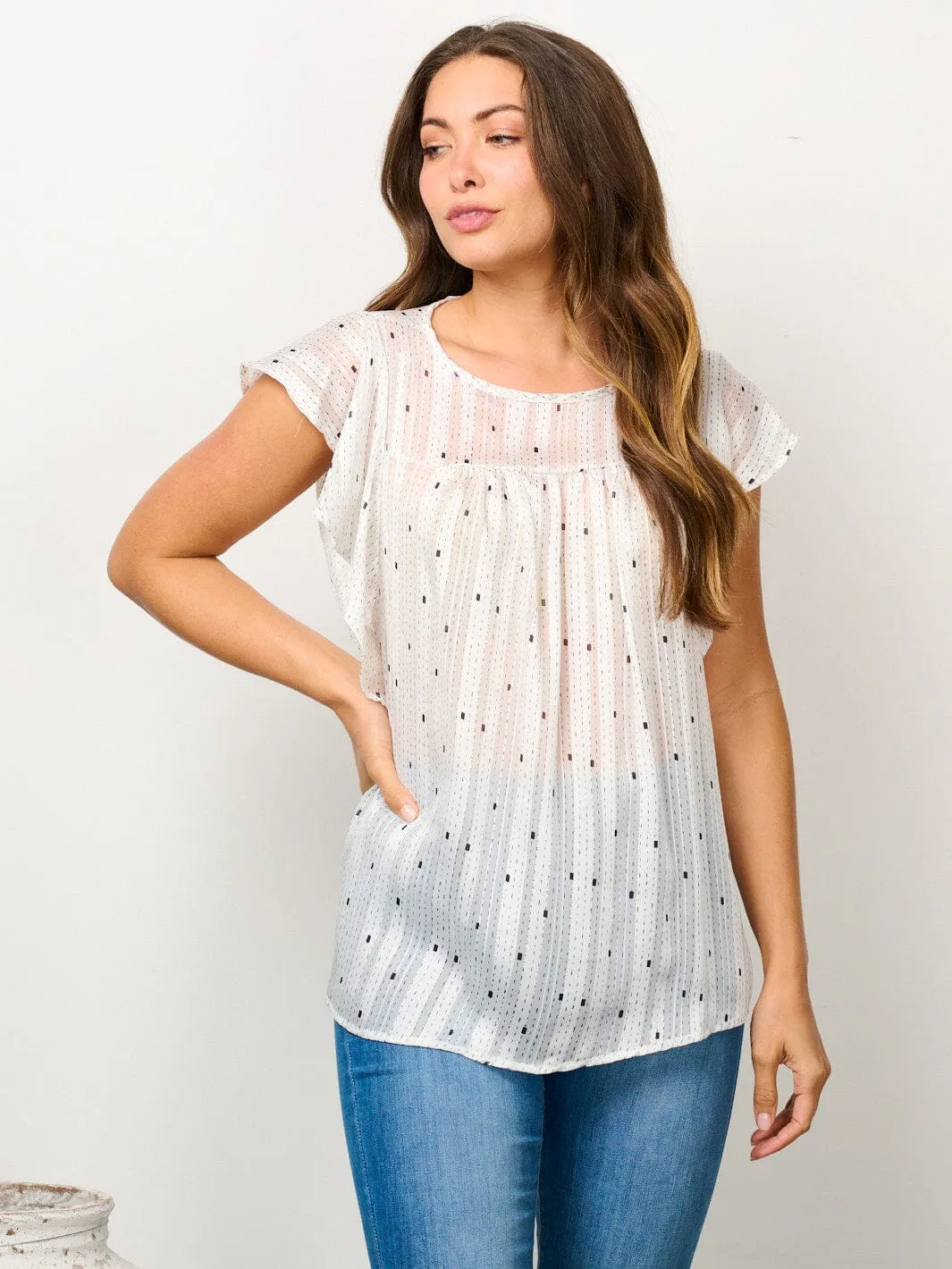 WOMEN'S SHORT RUFFLE SLEEVE SHIMMER PRINT TUNIC TOP