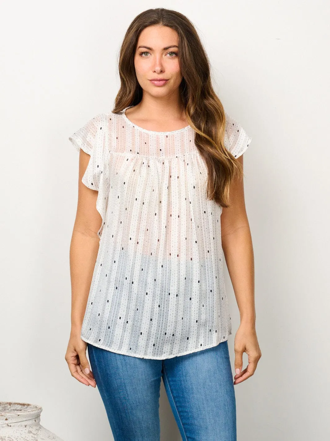 WOMEN'S SHORT RUFFLE SLEEVE SHIMMER PRINT TUNIC TOP