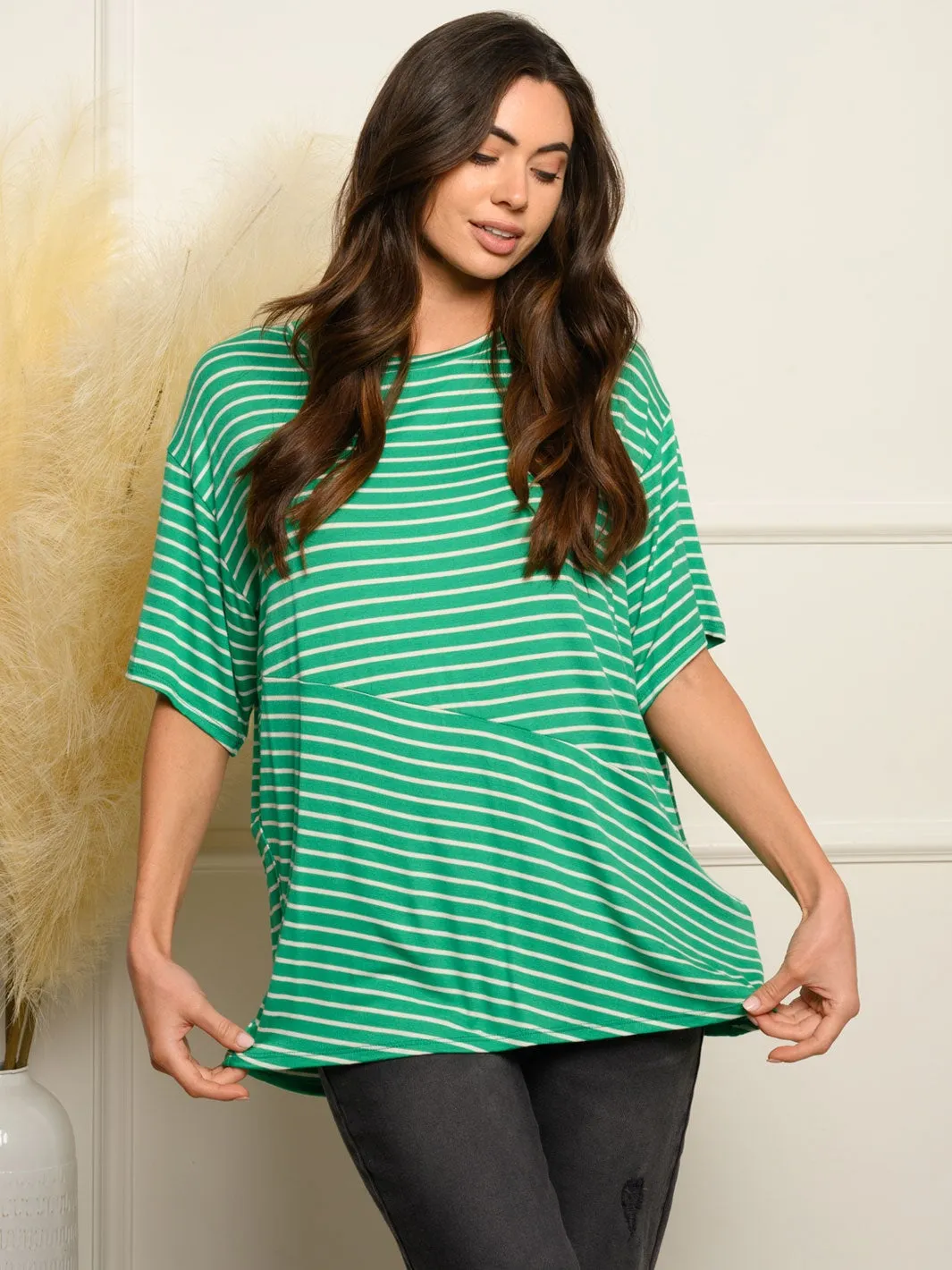 WOMEN'S SHORT RUFFLE SLEEVE STRIPES TOP