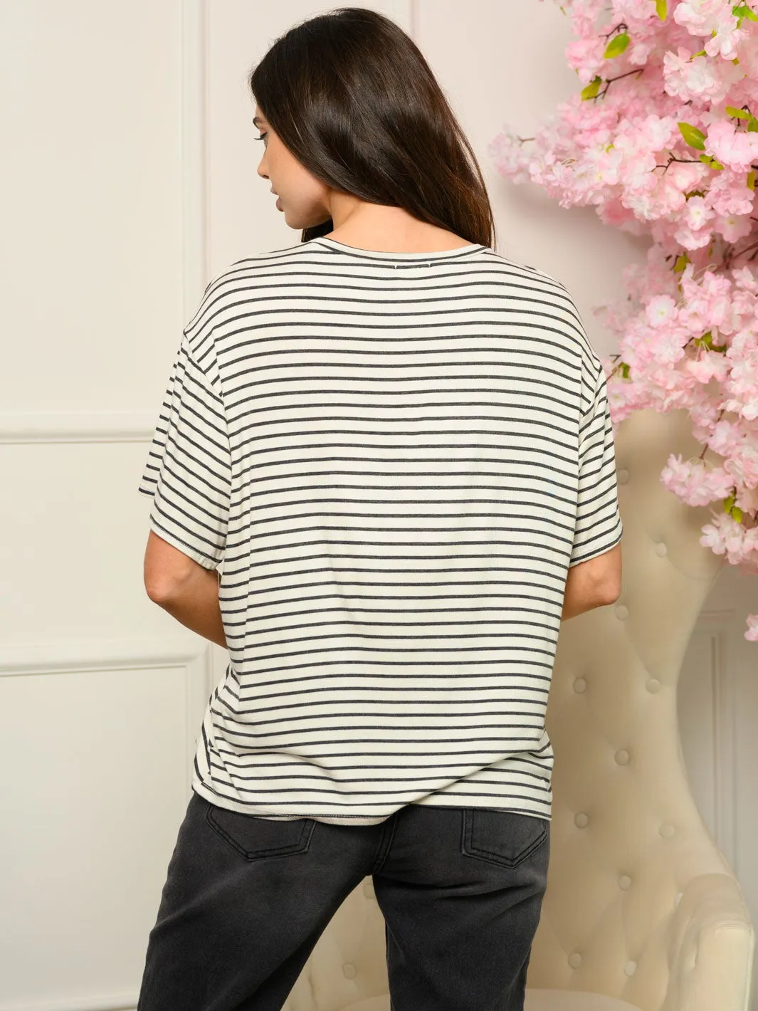 WOMEN'S SHORT RUFFLE SLEEVE STRIPES TOP