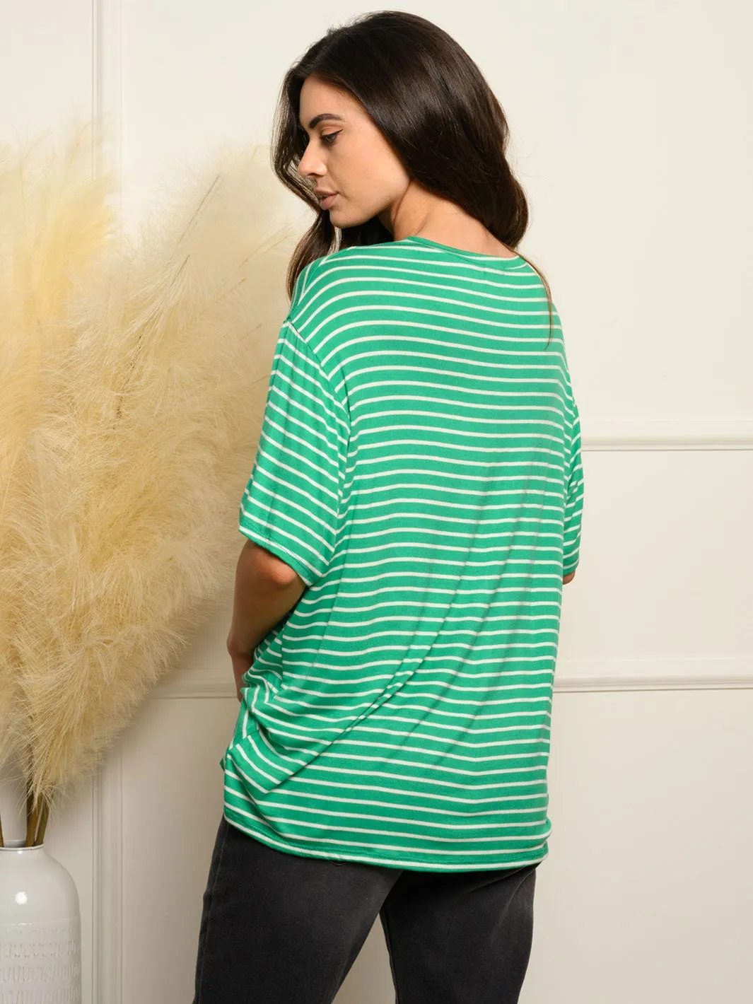 WOMEN'S SHORT RUFFLE SLEEVE STRIPES TOP