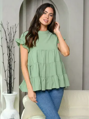 WOMEN'S SHORT RUFFLE SLEEVE TIERED TUNIC TOP