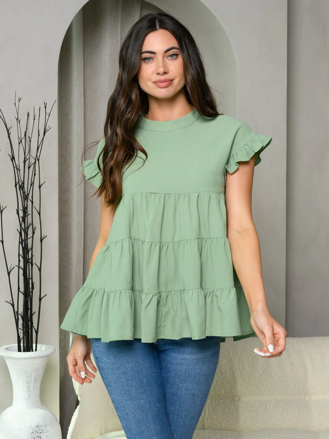 WOMEN'S SHORT RUFFLE SLEEVE TIERED TUNIC TOP