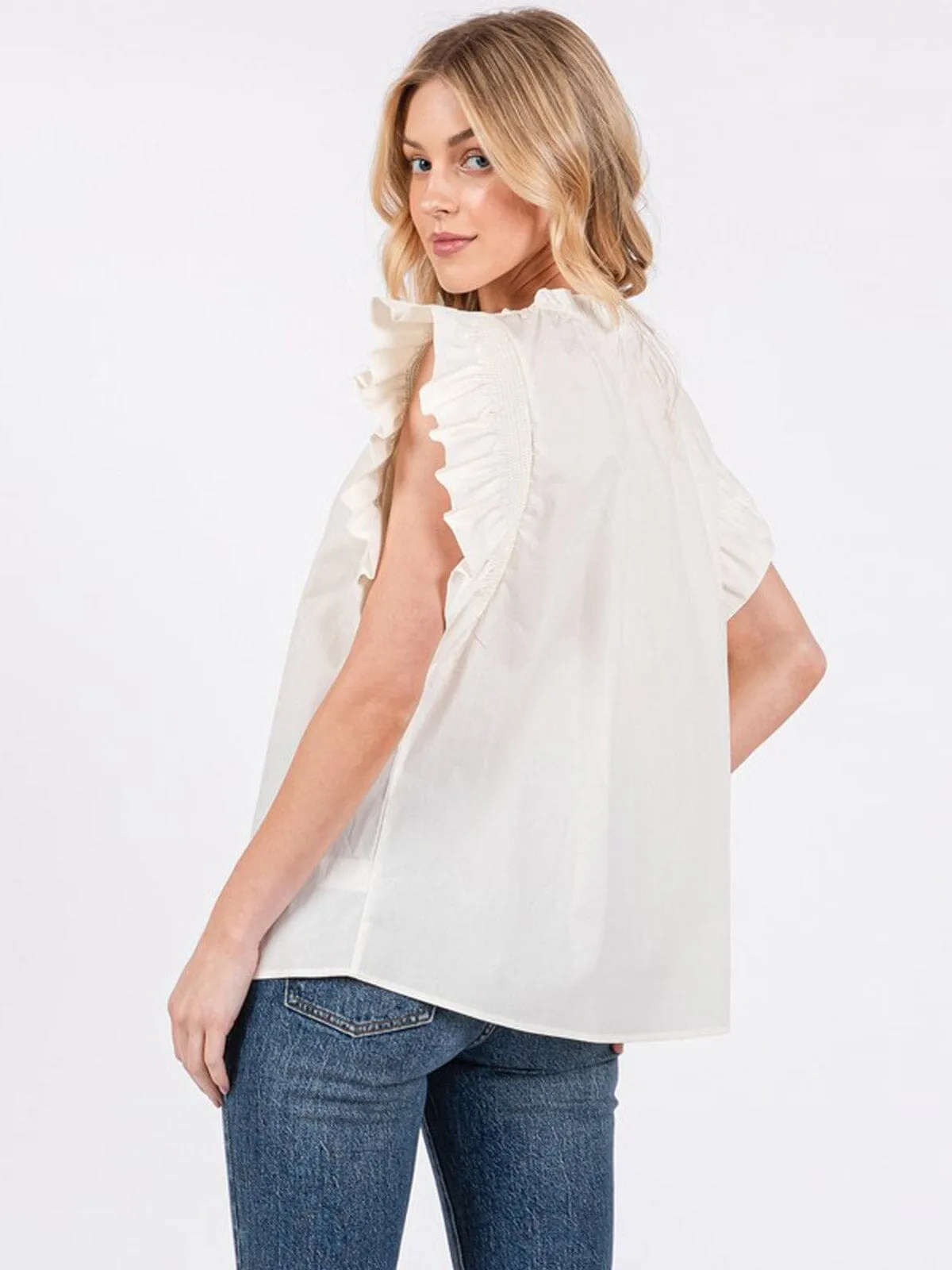 WOMEN'S SHORT RUFFLE SLEEVE TUNIC BLOUSE TOP