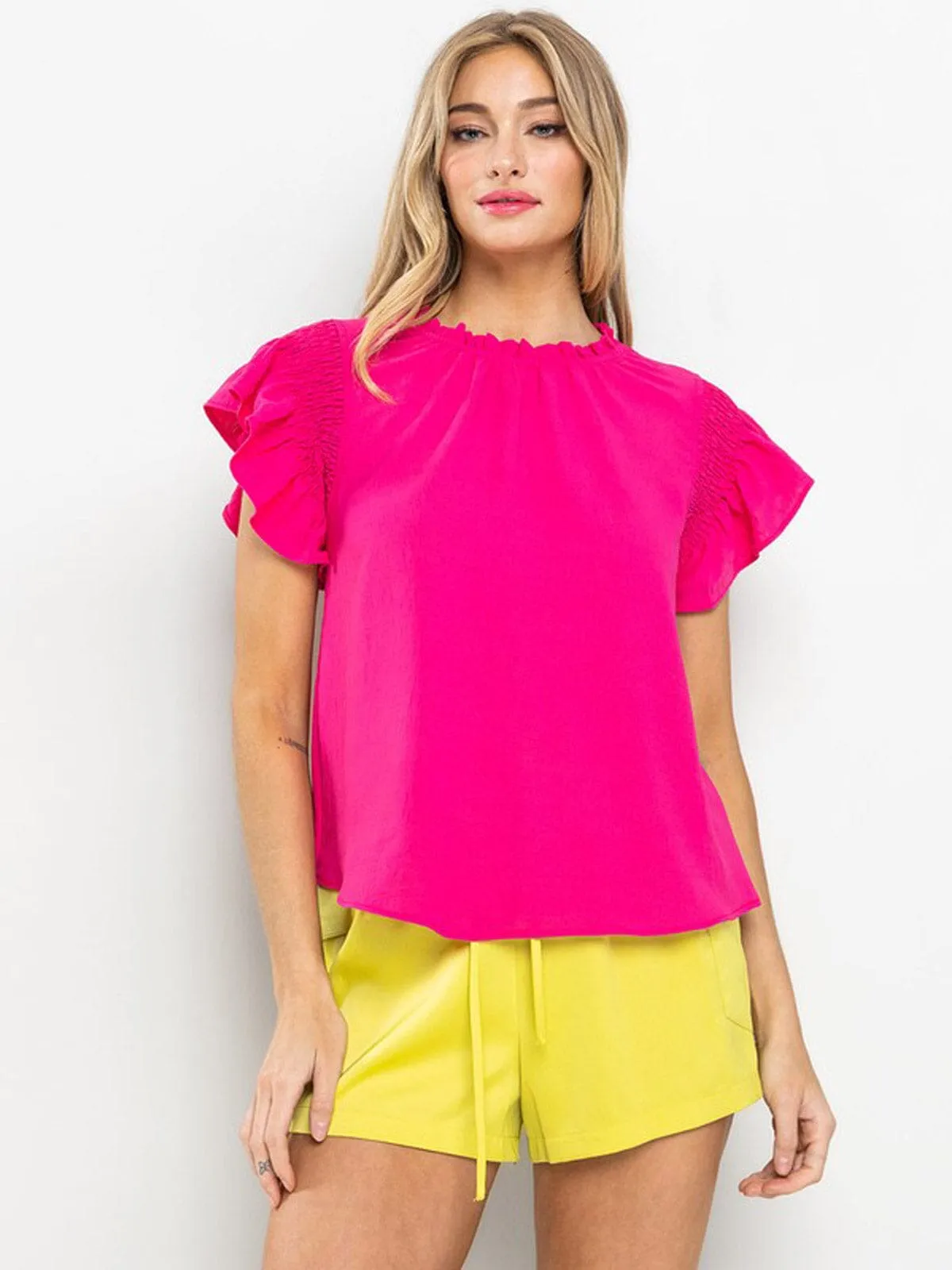 WOMEN'S SHORT RUFFLE SLEEVE TUNIC BLOUSE TOP