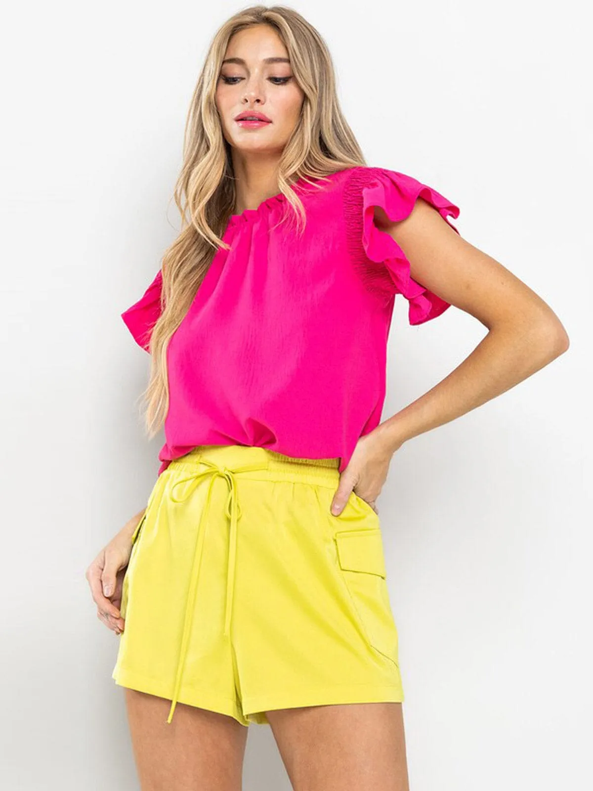 WOMEN'S SHORT RUFFLE SLEEVE TUNIC BLOUSE TOP