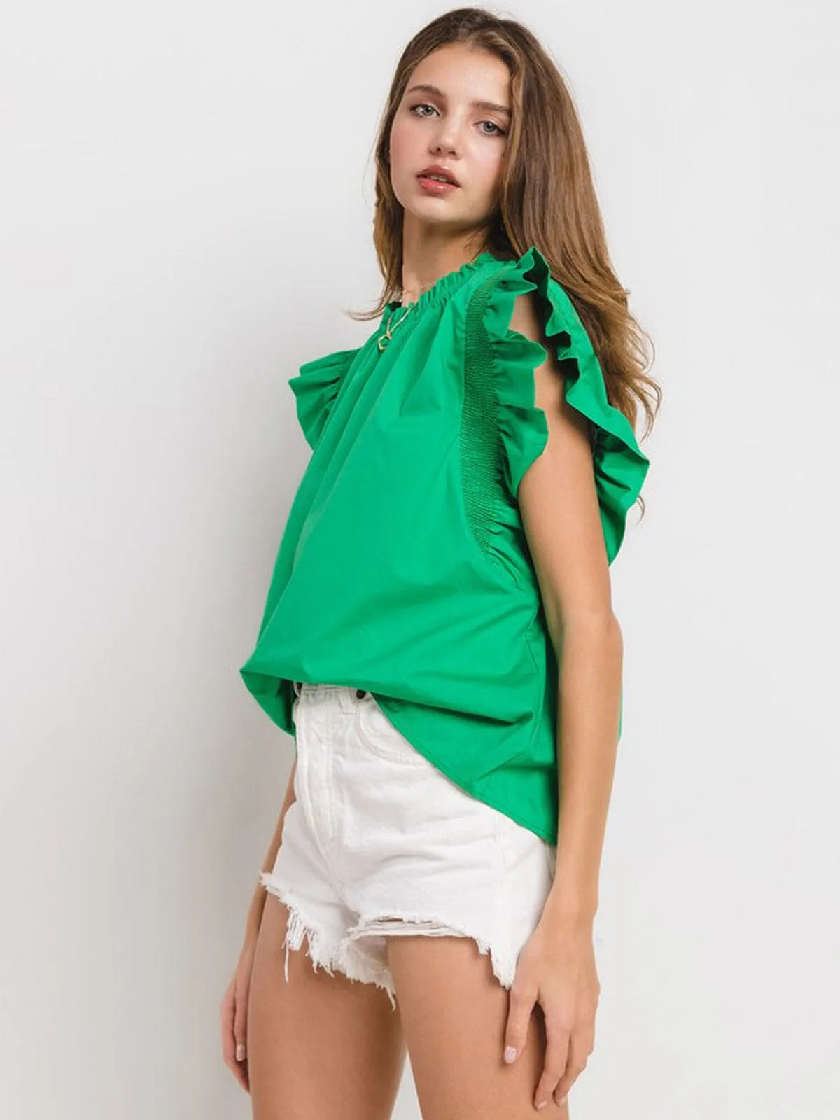 WOMEN'S SHORT RUFFLE SLEEVE TUNIC BLOUSE TOP