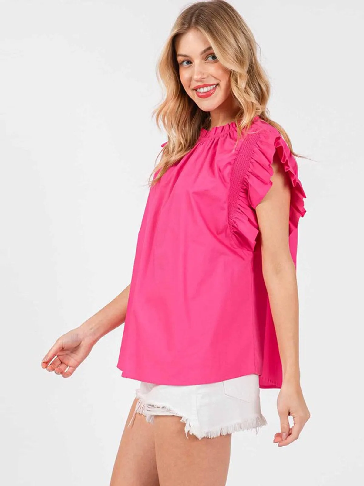 WOMEN'S SHORT RUFFLE SLEEVE TUNIC BLOUSE TOP