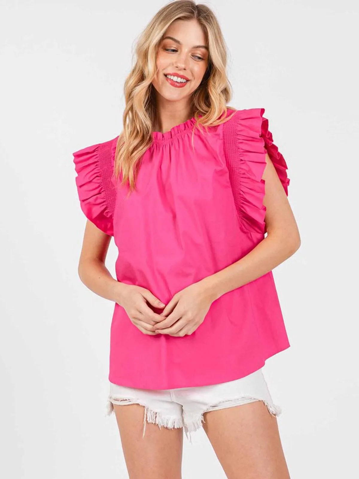 WOMEN'S SHORT RUFFLE SLEEVE TUNIC BLOUSE TOP