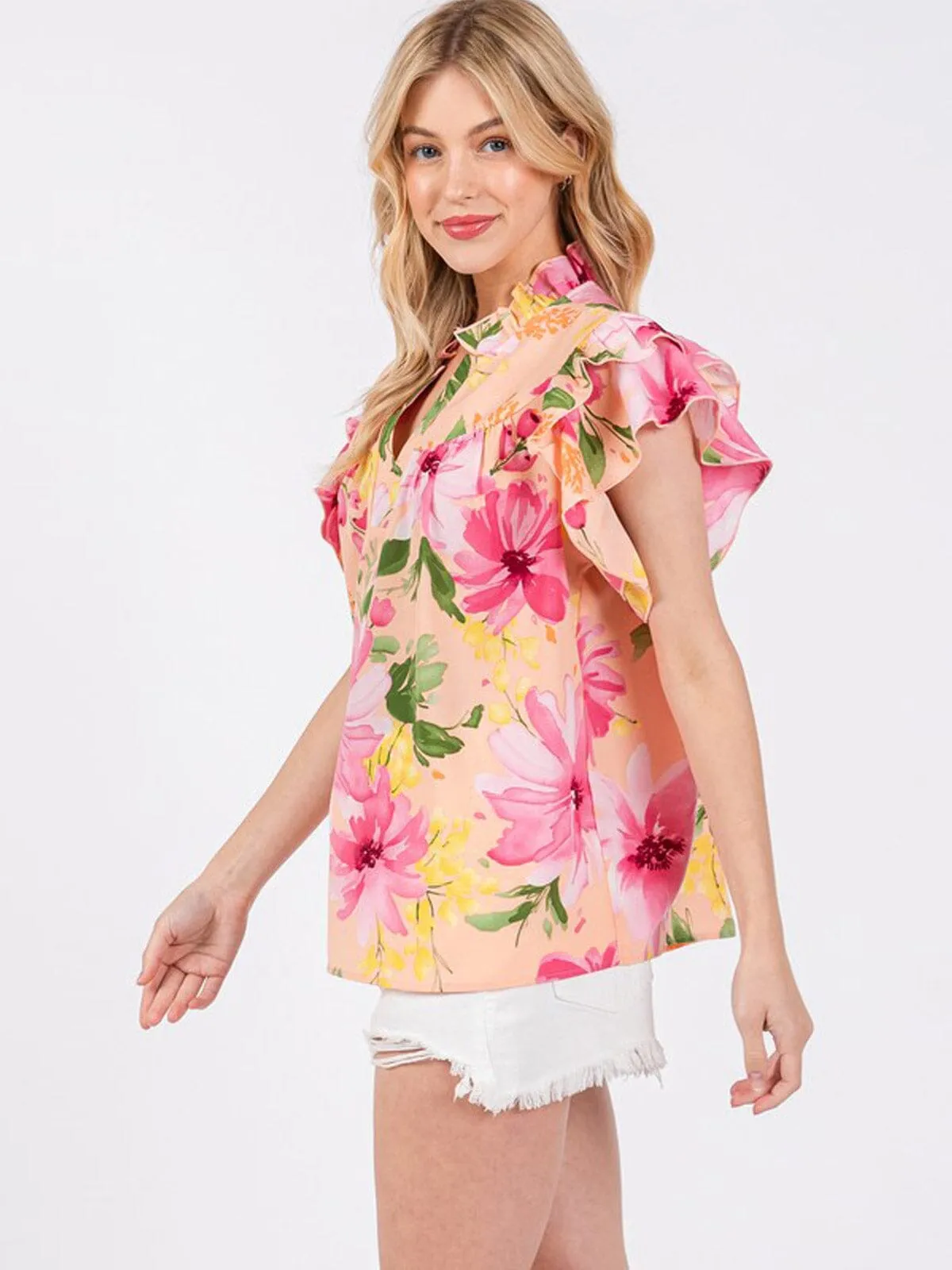 WOMEN'S SHORT RUFFLE SLEEVE V-NECK FLORAL BLOUSE