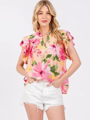 WOMEN'S SHORT RUFFLE SLEEVE V-NECK FLORAL BLOUSE