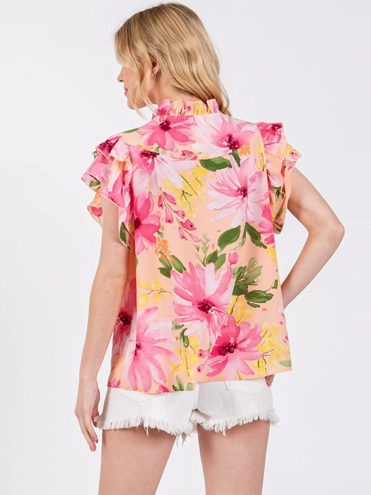 WOMEN'S SHORT RUFFLE SLEEVE V-NECK FLORAL BLOUSE