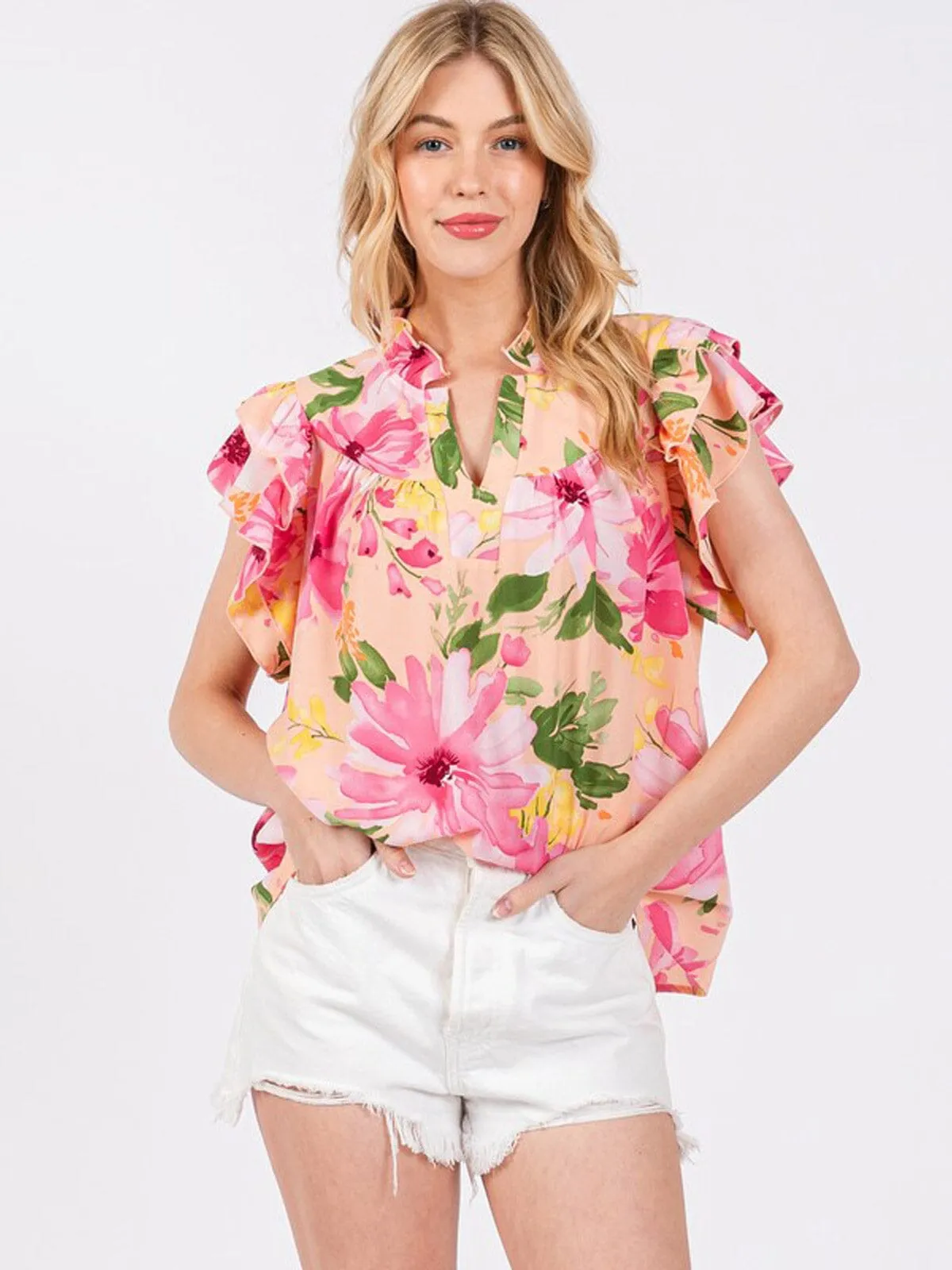 WOMEN'S SHORT RUFFLE SLEEVE V-NECK FLORAL BLOUSE