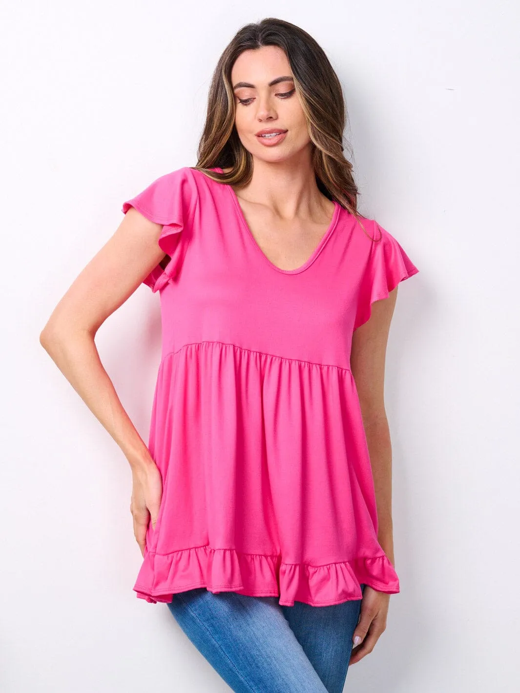 WOMEN'S SHORT RUFFLE SLEEVE V-NECK TOP
