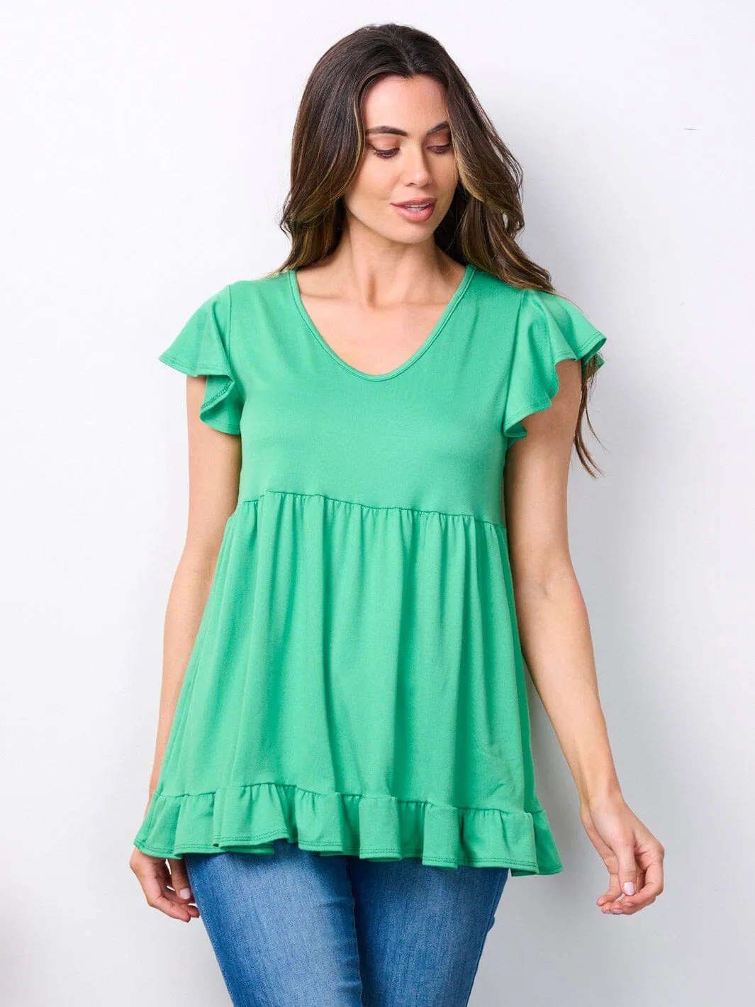WOMEN'S SHORT RUFFLE SLEEVE V-NECK TOP