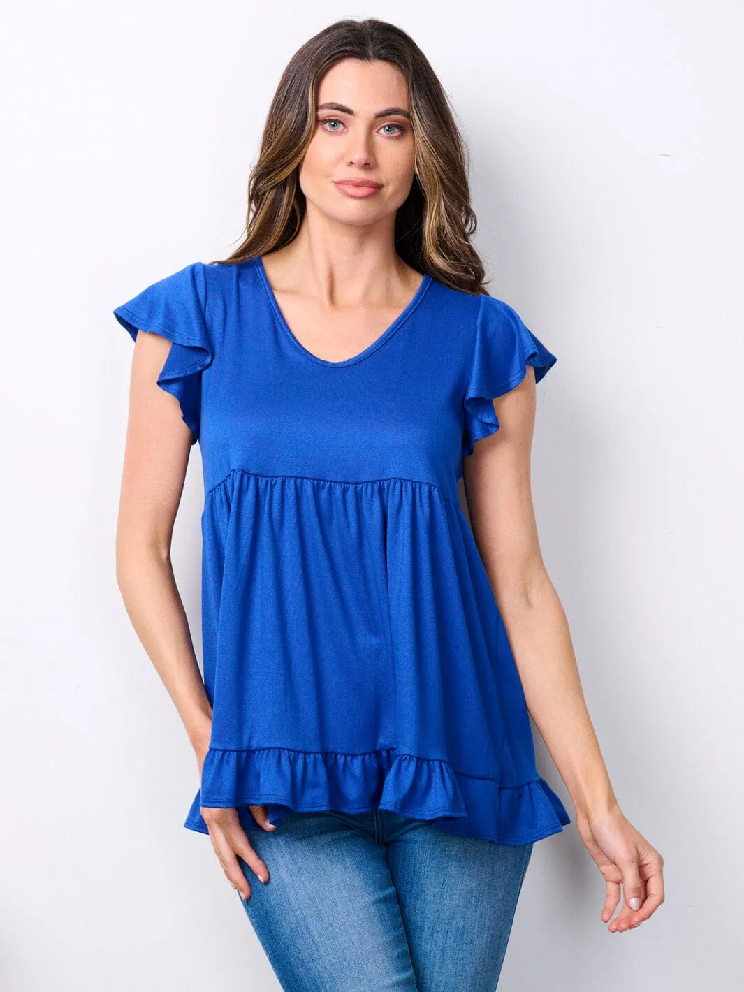 WOMEN'S SHORT RUFFLE SLEEVE V-NECK TOP
