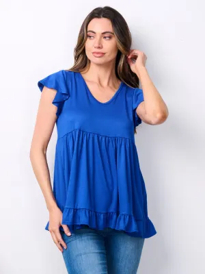 WOMEN'S SHORT RUFFLE SLEEVE V-NECK TOP