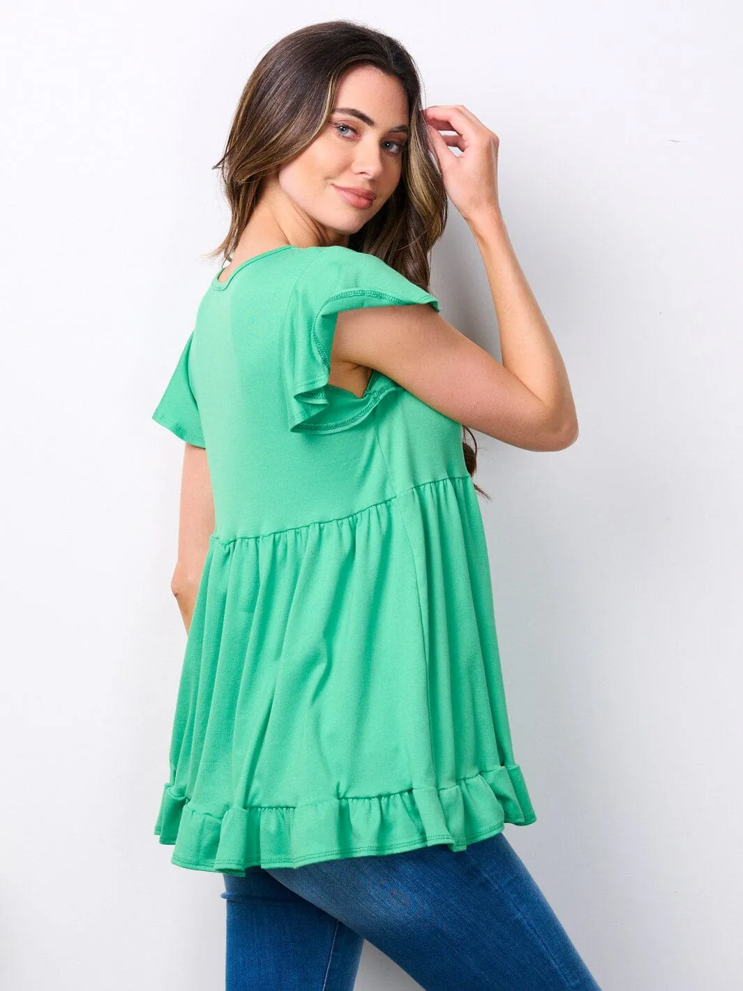 WOMEN'S SHORT RUFFLE SLEEVE V-NECK TOP