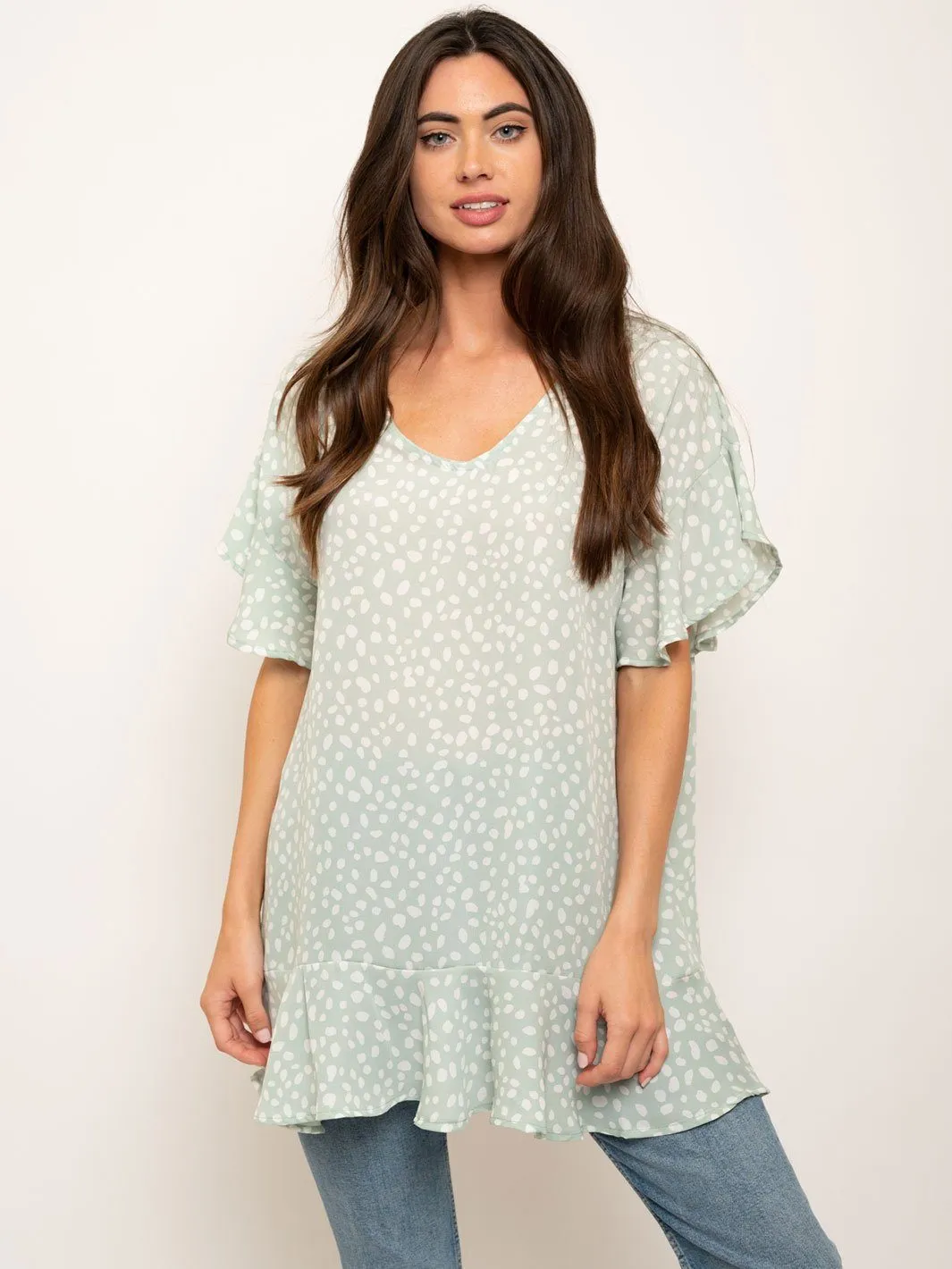 WOMEN'S SHORT RUFFLE SLEEVES TUNIC TOP