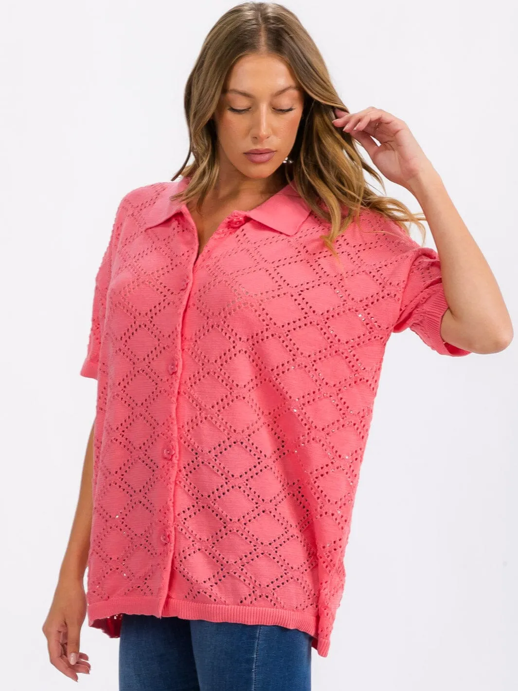 WOMEN'S SHORT SLEEVE BUTTON UP KNIT DETAILED TOP