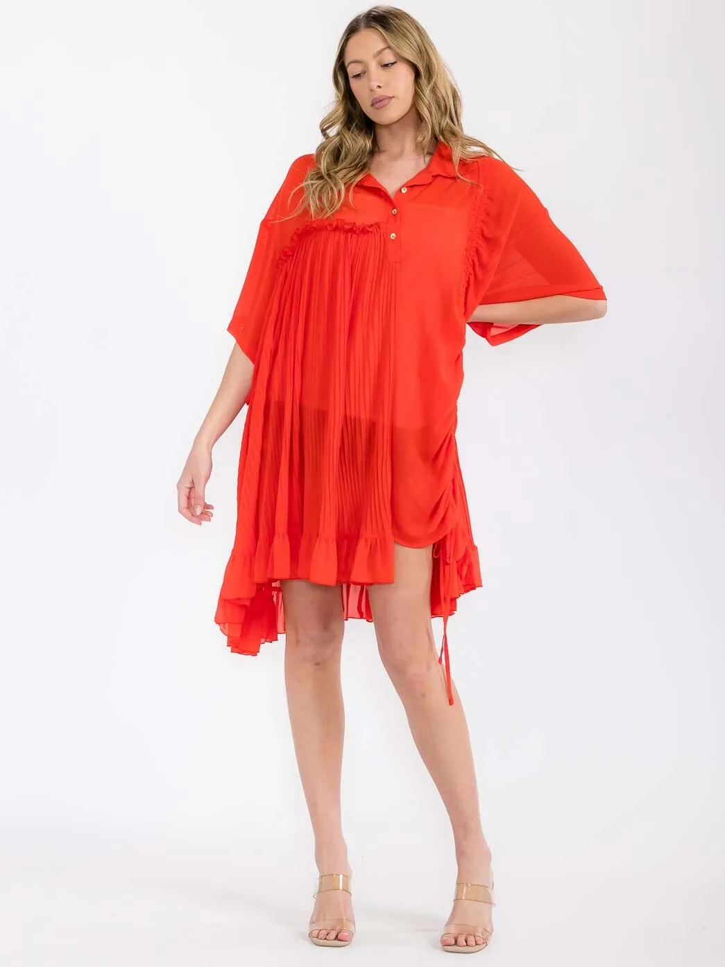 WOMEN'S SHORT SLEEVE BUTTON UP PLEATED SIDE RUCHED TUNIC TOP