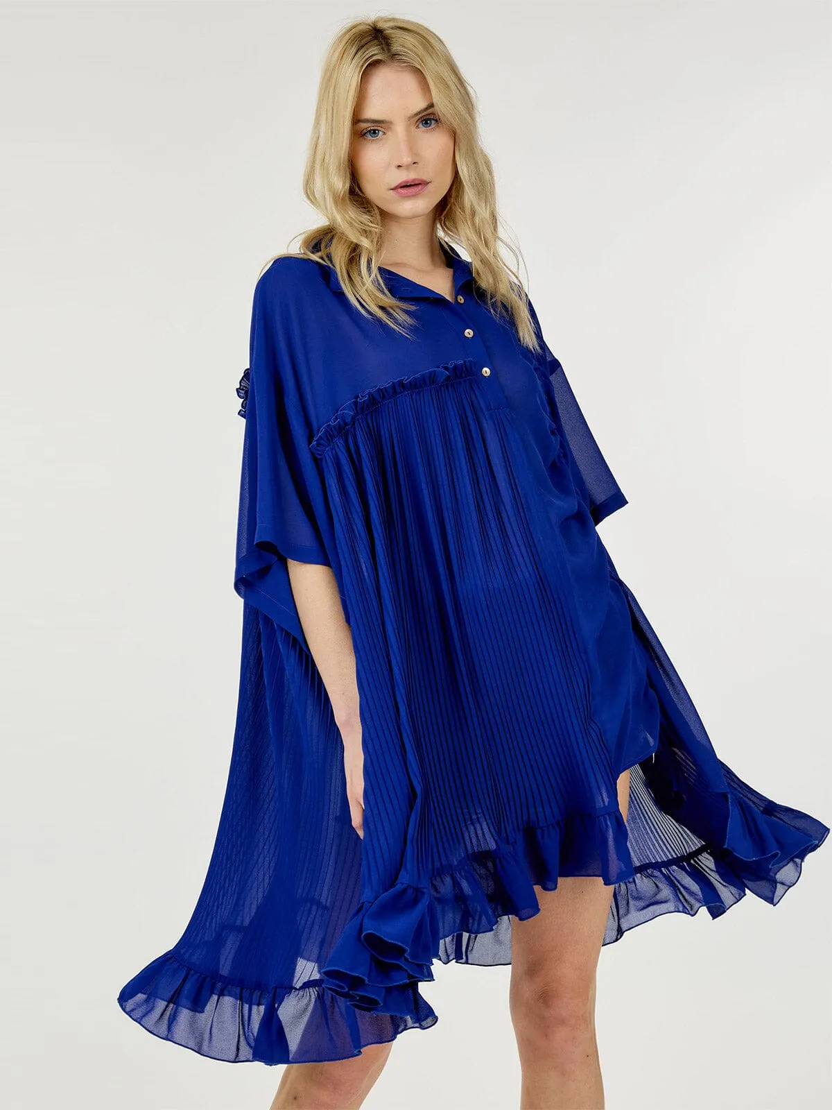 WOMEN'S SHORT SLEEVE BUTTON UP PLEATED SIDE RUCHED TUNIC TOP
