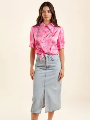 WOMEN'S SHORT SLEEVE BUTTON UP STUDS COLLAR PRINTED BLOUSE TOP