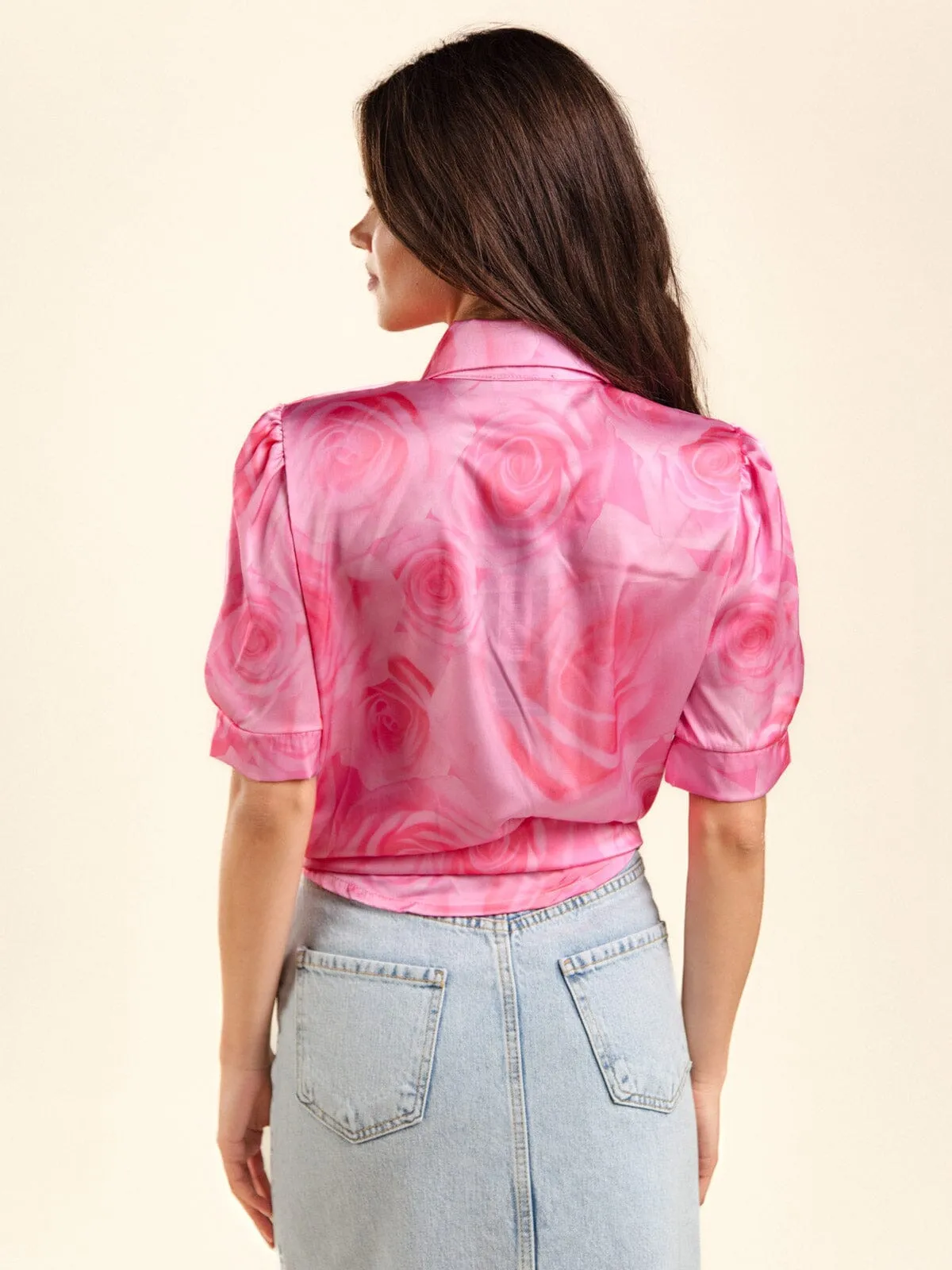 WOMEN'S SHORT SLEEVE BUTTON UP STUDS COLLAR PRINTED BLOUSE TOP